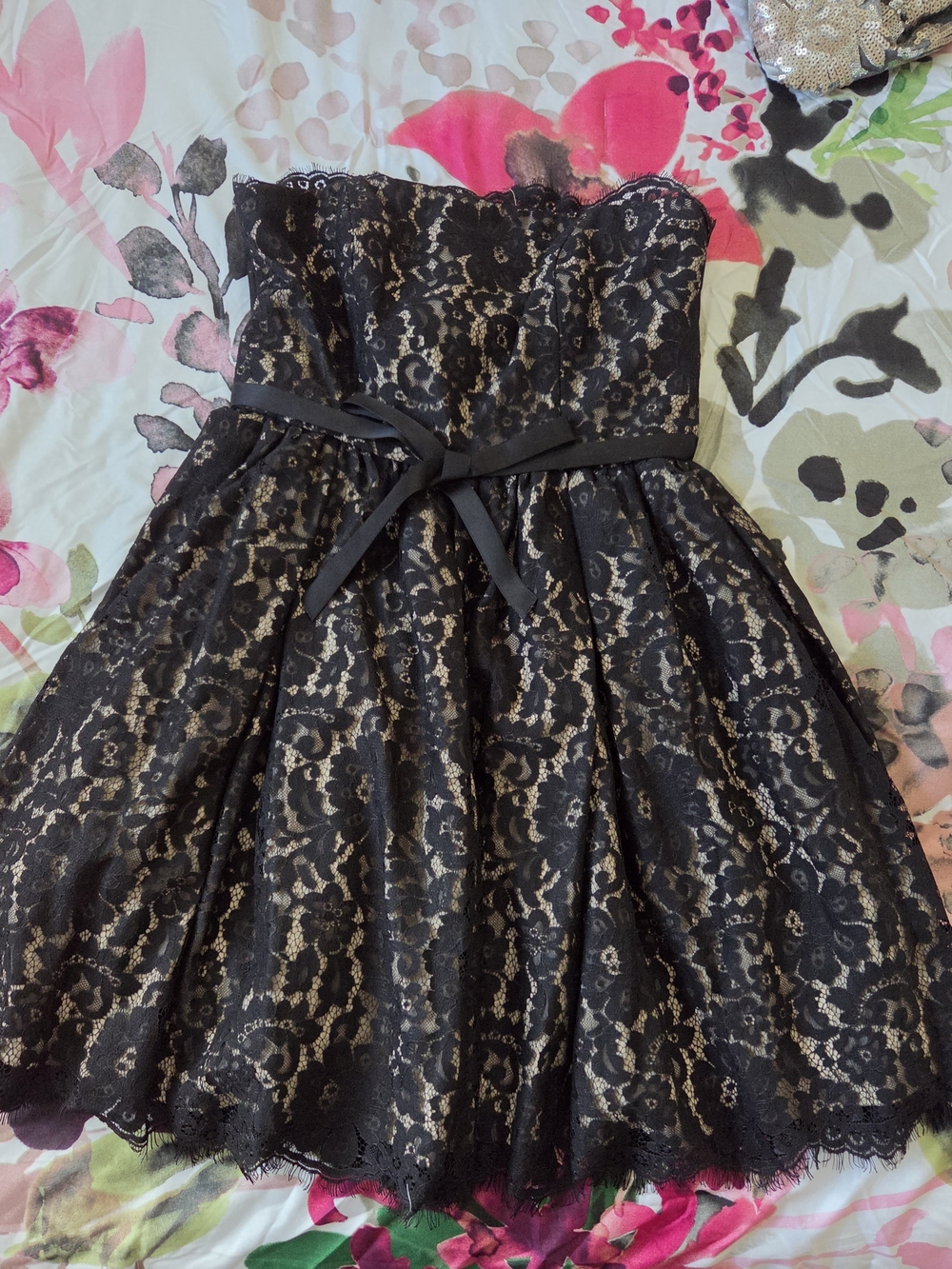 Robert Rodriguez Black Lace Strapless Party Dress with Nude Lining